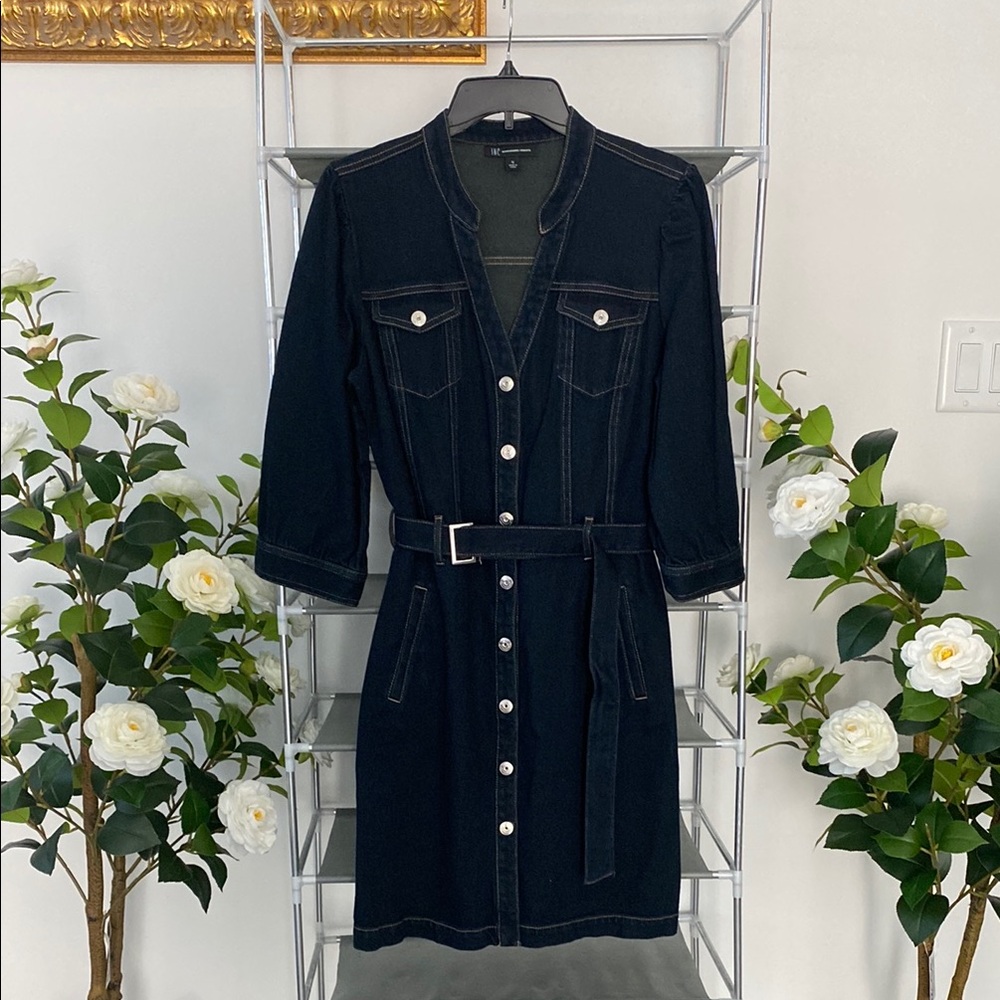 INC dark blue Belted Denim Dress